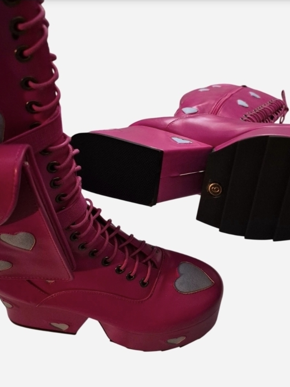 Platform Combat Boots in Hot Pink with Heart Accents